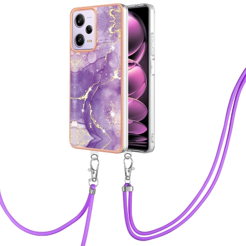 

For Xiaomi Redmi Note 12 Pro 5G Global Electroplating Marble Dual-side IMD Phone Case with Lanyard(Purple 002)