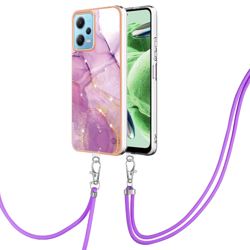 

For Xiaomi Redmi Note 12 5G Global/Note 12 5G China Electroplating Marble Dual-side IMD Phone Case with Lanyard(Purple 001)