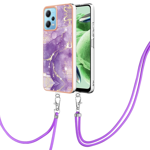 

For Xiaomi Redmi Note 12 5G Global/Note 12 5G China Electroplating Marble Dual-side IMD Phone Case with Lanyard(Purple 002)