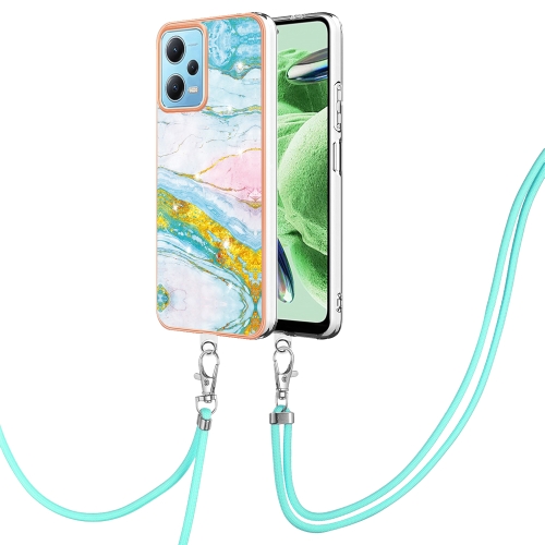 

For Xiaomi Redmi Note 12 5G Global/Note 12 5G China Electroplating Marble Dual-side IMD Phone Case with Lanyard(Green 004)