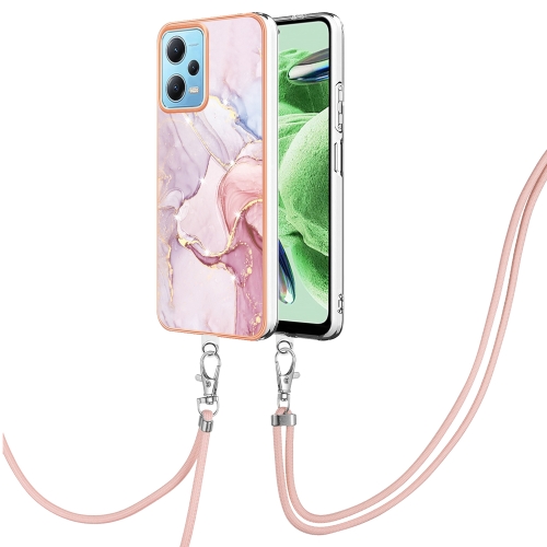 

For Xiaomi Redmi Note 12 5G Global/Note 12 5G China Electroplating Marble Dual-side IMD Phone Case with Lanyard(Rose Gold 005)