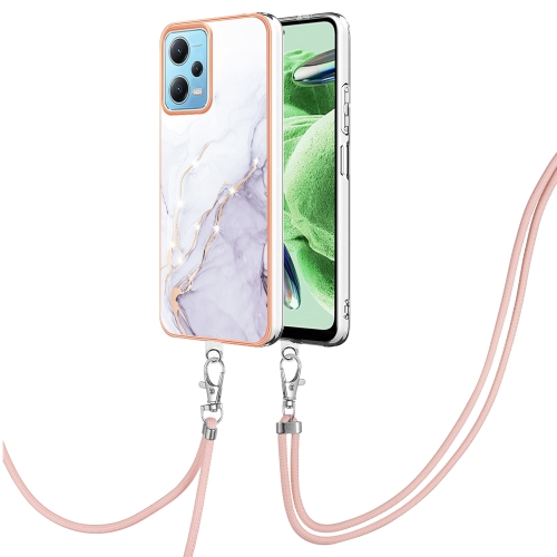 

For Xiaomi Redmi Note 12 5G Global/Note 12 5G China Electroplating Marble Dual-side IMD Phone Case with Lanyard(White 006)