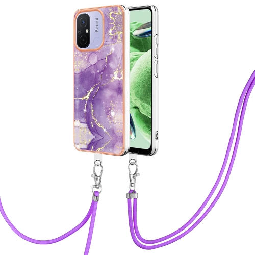 

For Xiaomi Redmi 12C/11A 4G Global Electroplating Marble Dual-side IMD Phone Case with Lanyard(Purple 002)