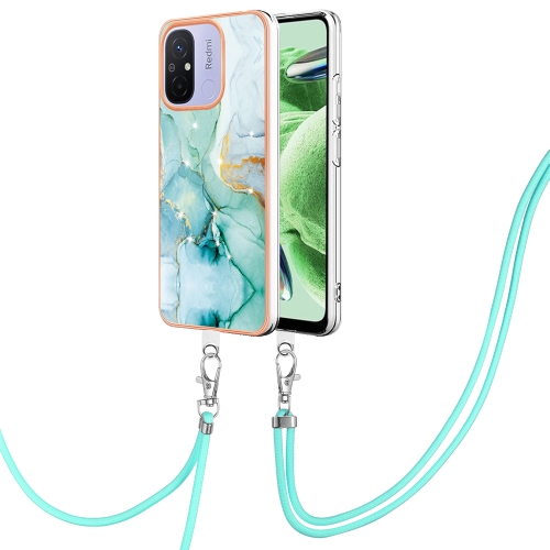 

For Xiaomi Redmi 12C/11A 4G Global Electroplating Marble Dual-side IMD Phone Case with Lanyard(Green 003)