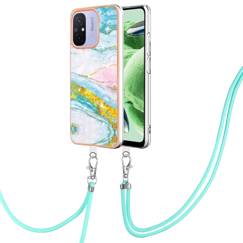 

For Xiaomi Redmi 12C/11A 4G Global Electroplating Marble Dual-side IMD Phone Case with Lanyard(Green 004)
