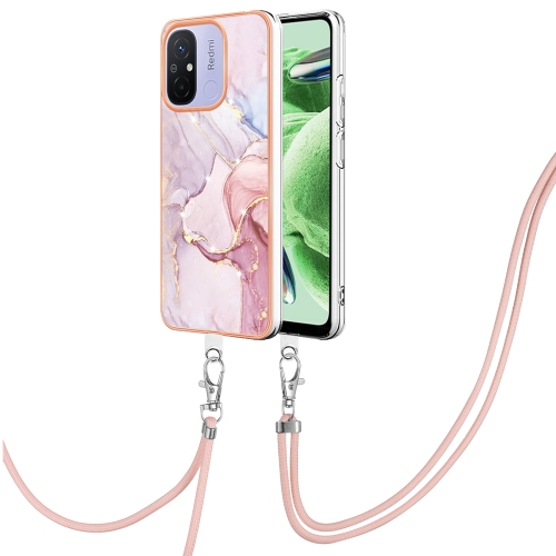 

For Xiaomi Redmi 12C/11A 4G Global Electroplating Marble Dual-side IMD Phone Case with Lanyard(Rose Gold 005)