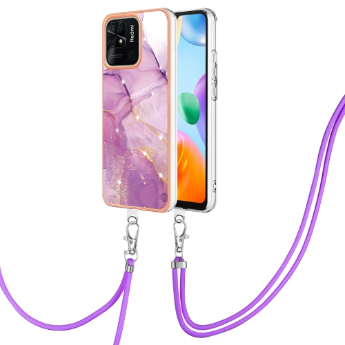 

For Xiaomi Redmi 10C Electroplating Marble Dual-side IMD Phone Case with Lanyard(Purple 001)