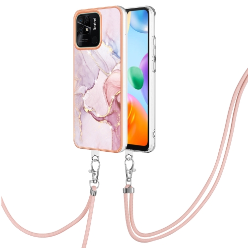 

For Xiaomi Redmi 10C Electroplating Marble Dual-side IMD Phone Case with Lanyard(Rose Gold 005)