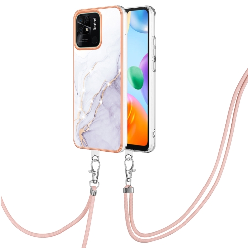

For Xiaomi Redmi 10C Electroplating Marble Dual-side IMD Phone Case with Lanyard(White 006)