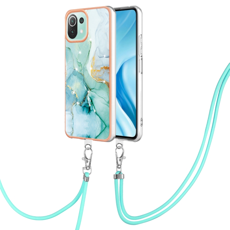 

For Xiaomi Mi 11 Lite Electroplating Marble Dual-side IMD Phone Case with Lanyard(Green 003)
