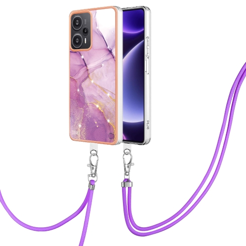 

For Xiaomi Poco F5 5G / Redmi Note 12 Turbo Electroplating Marble Dual-side IMD Phone Case with Lanyard(Purple 001)
