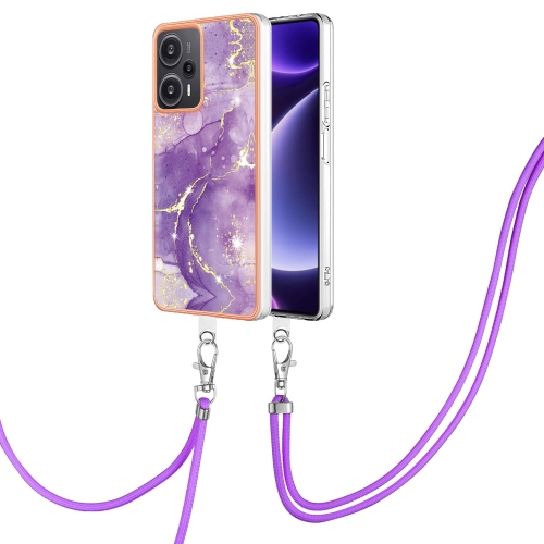 

For Xiaomi Poco F5 5G / Redmi Note 12 Turbo Electroplating Marble Dual-side IMD Phone Case with Lanyard(Purple 002)