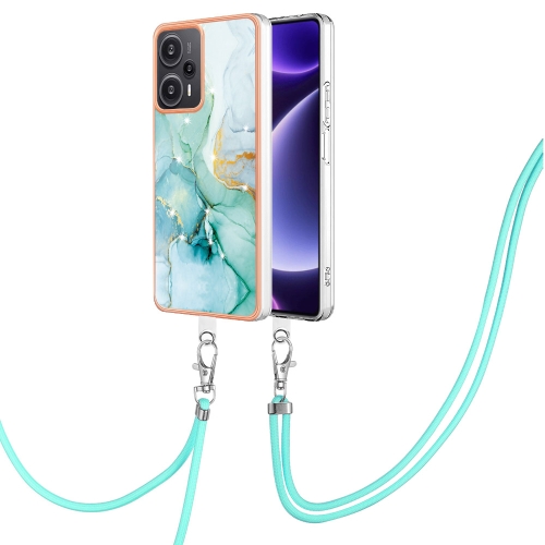 

For Xiaomi Poco F5 5G / Redmi Note 12 Turbo Electroplating Marble Dual-side IMD Phone Case with Lanyard(Green 003)