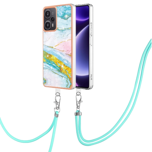 

For Xiaomi Poco F5 5G / Redmi Note 12 Turbo Electroplating Marble Dual-side IMD Phone Case with Lanyard(Green 004)