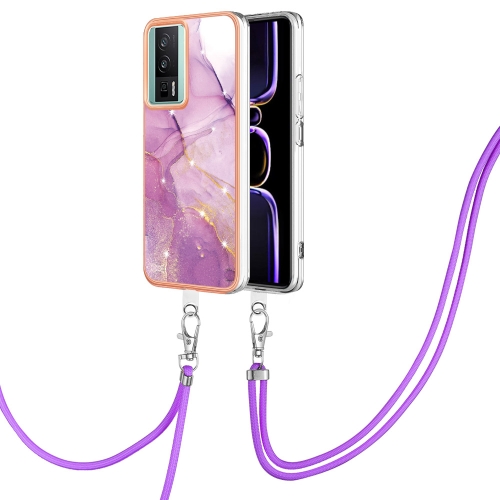 

For Xiaomi Poco F5 Pro 5G / Redmi K60 Electroplating Marble Dual-side IMD Phone Case with Lanyard(Purple 001)