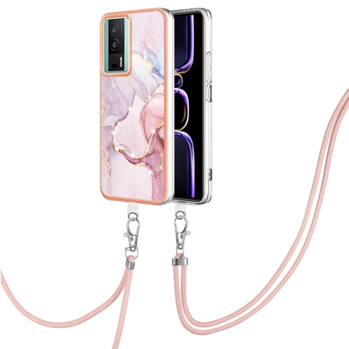 

For Xiaomi Poco F5 Pro 5G / Redmi K60 Electroplating Marble Dual-side IMD Phone Case with Lanyard(Rose Gold 005)