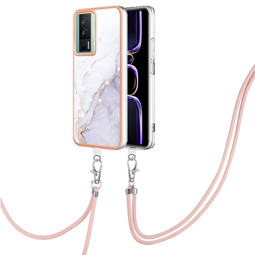 

For Xiaomi Poco F5 Pro 5G / Redmi K60 Electroplating Marble Dual-side IMD Phone Case with Lanyard(White 006)