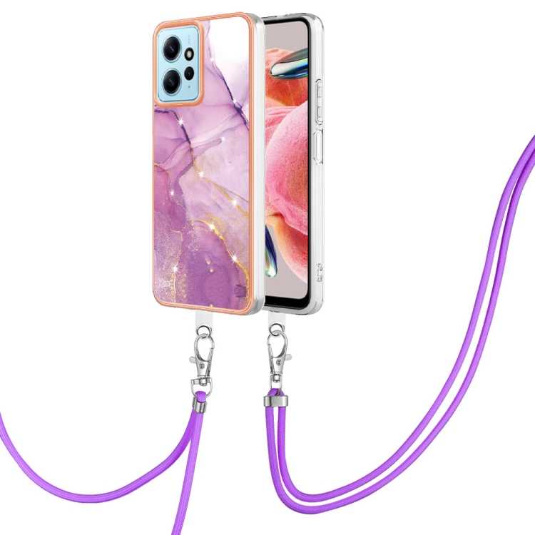 

For Xiaomi Redmi Note 12 4G Global Electroplating Marble Dual-side IMD Phone Case with Lanyard(Purple 001)
