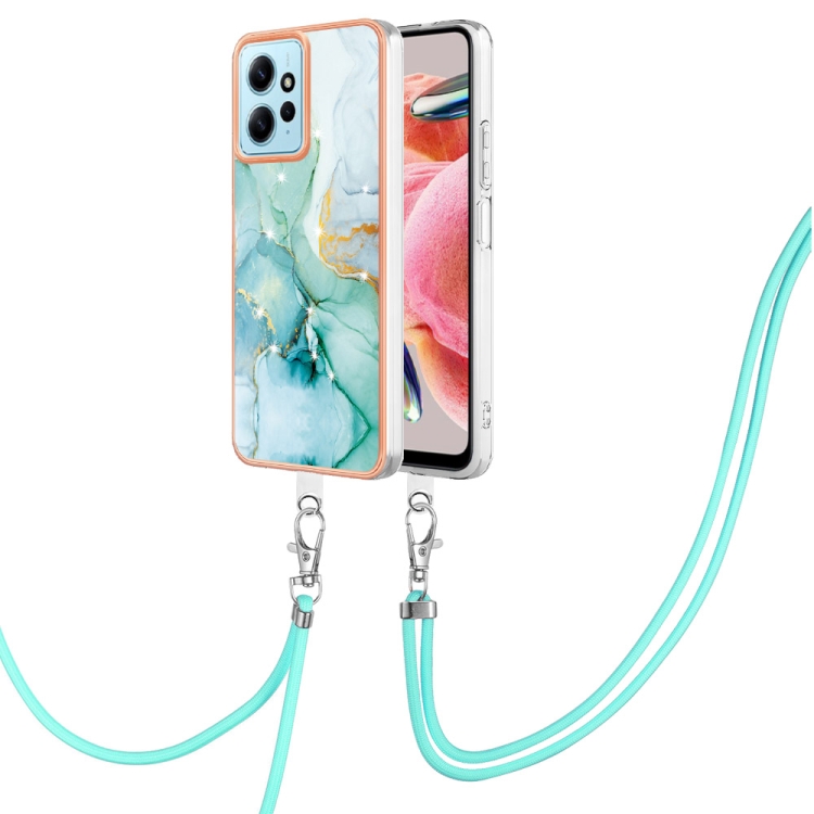 

For Xiaomi Redmi Note 12 4G Global Electroplating Marble Dual-side IMD Phone Case with Lanyard(Green 003)