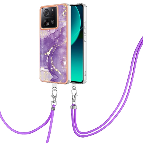 

For Xiaomi 13T/13T Pro Electroplating Marble Dual-side IMD Phone Case with Lanyard(Purple 002)