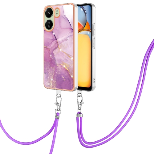 

For Xiaomi Redmi 13C 4G Electroplating Marble Dual-side IMD Phone Case with Lanyard(Purple 001)