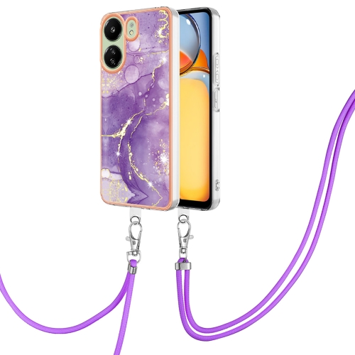 

For Xiaomi Redmi 13C 4G Electroplating Marble Dual-side IMD Phone Case with Lanyard(Purple 002)