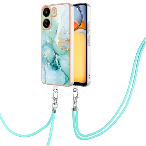 

For Xiaomi Redmi 13C 4G Electroplating Marble Dual-side IMD Phone Case with Lanyard(Green 003)