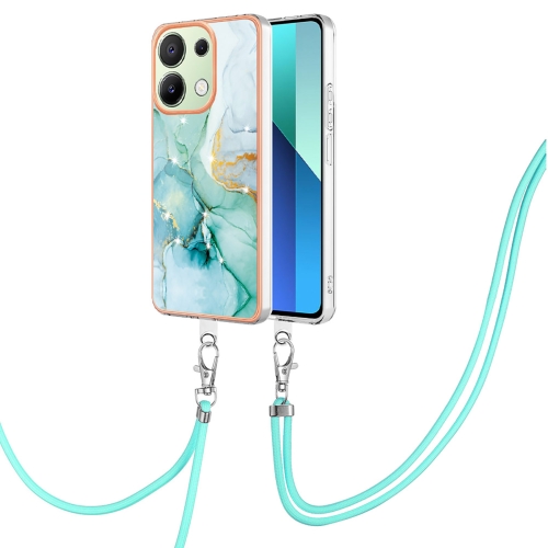 

For Xiaomi Redmi Note 13 4G Global Electroplating Marble Dual-side IMD Phone Case with Lanyard(Green 003)