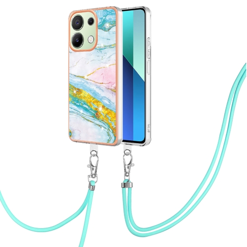 

For Xiaomi Redmi Note 13 4G Global Electroplating Marble Dual-side IMD Phone Case with Lanyard(Green 004)