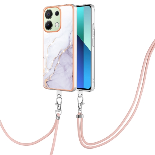

For Xiaomi Redmi Note 13 4G Global Electroplating Marble Dual-side IMD Phone Case with Lanyard(White 006)