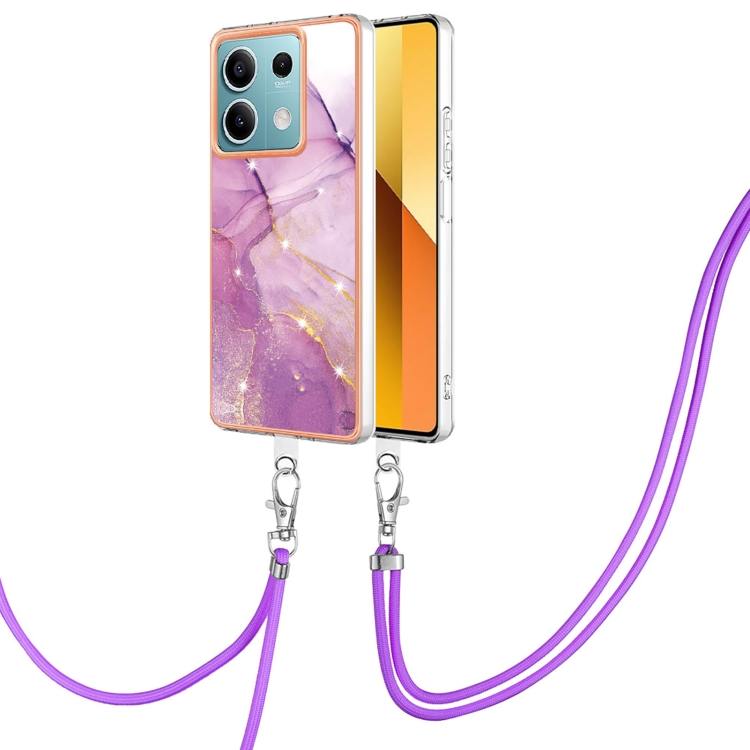 

For Xiaomi Redmi Note 13 5G Global Electroplating Marble Dual-side IMD Phone Case with Lanyard(Purple 001)