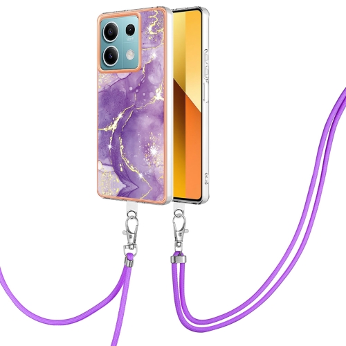 

For Xiaomi Redmi Note 13 5G Global Electroplating Marble Dual-side IMD Phone Case with Lanyard(Purple 002)