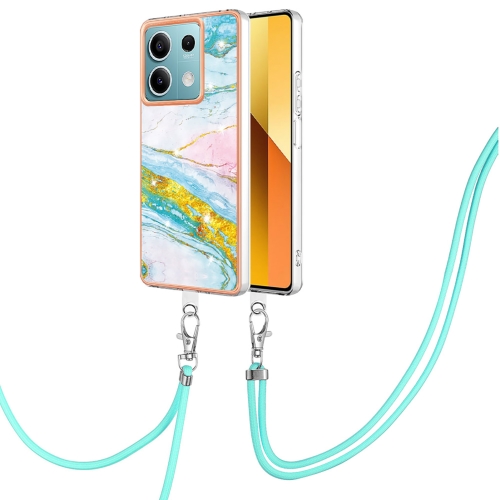 

For Xiaomi Redmi Note 13 5G Global Electroplating Marble Dual-side IMD Phone Case with Lanyard(Green 004)