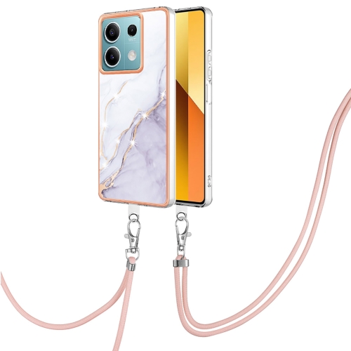 

For Xiaomi Redmi Note 13 5G Global Electroplating Marble Dual-side IMD Phone Case with Lanyard(White 006)