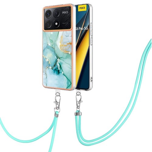 

For Xiaomi Redmi K70E Electroplating Marble Dual-side IMD Phone Case with Lanyard(Green 003)