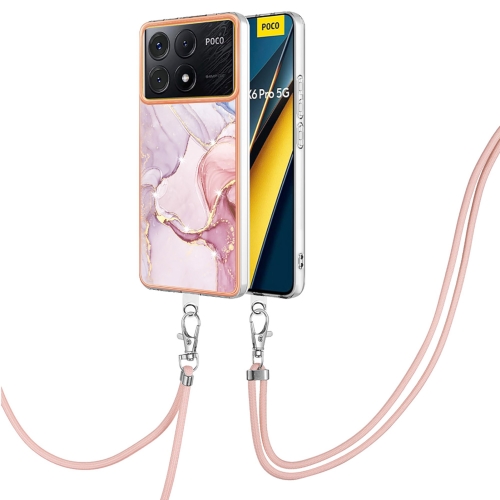 

For Xiaomi Redmi K70E Electroplating Marble Dual-side IMD Phone Case with Lanyard(Rose Gold 005)