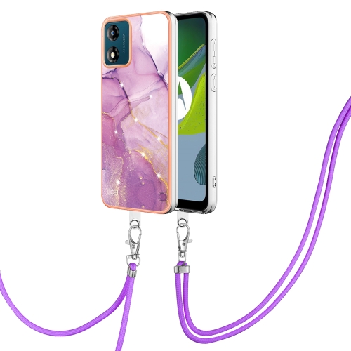 

For Motorola Moto E13 Electroplating Marble Dual-side IMD Phone Case with Lanyard(Purple 001)