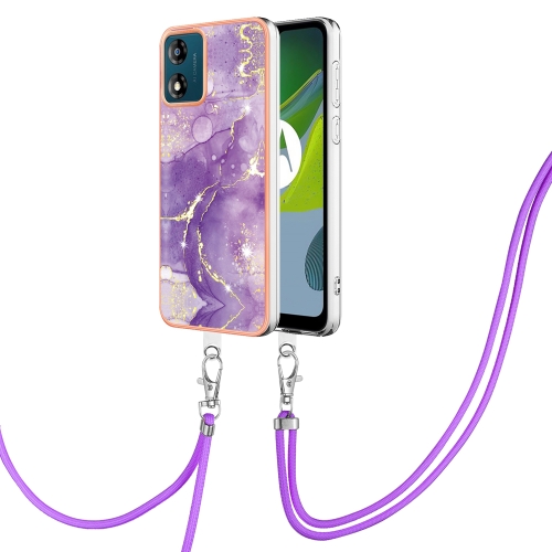

For Motorola Moto E13 Electroplating Marble Dual-side IMD Phone Case with Lanyard(Purple 002)