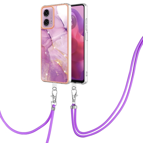

For Motorola Moto G04 4G / G24 4G Electroplating Marble Dual-side IMD Phone Case with Lanyard(Purple 001)