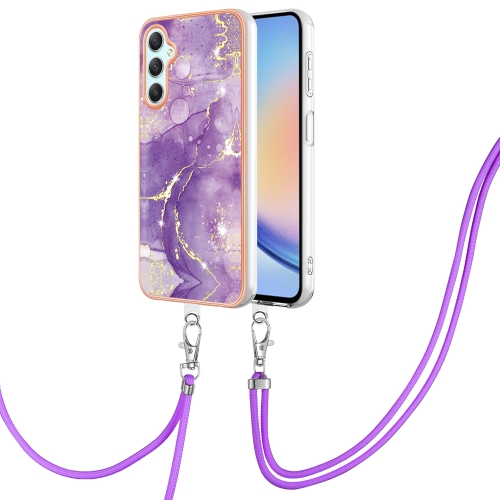 

For Samsung Galaxy A24 4G Electroplating Marble Dual-side IMD Phone Case with Lanyard(Purple 002)