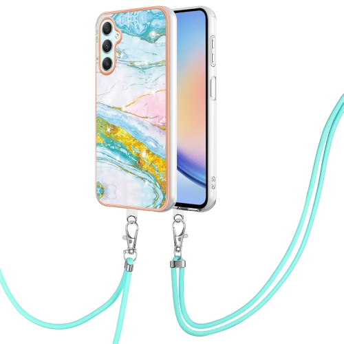 

For Samsung Galaxy A24 4G Electroplating Marble Dual-side IMD Phone Case with Lanyard(Green 004)