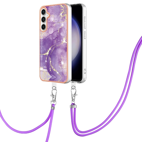

For Samsung Galaxy S23 FE 5G Electroplating Marble Dual-side IMD Phone Case with Lanyard(Purple 002)