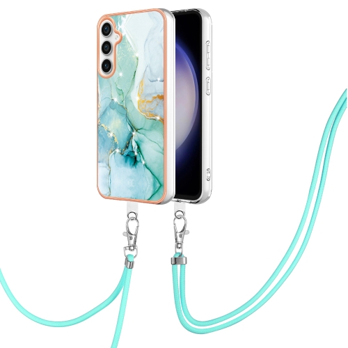 

For Samsung Galaxy S23 FE 5G Electroplating Marble Dual-side IMD Phone Case with Lanyard(Green 003)