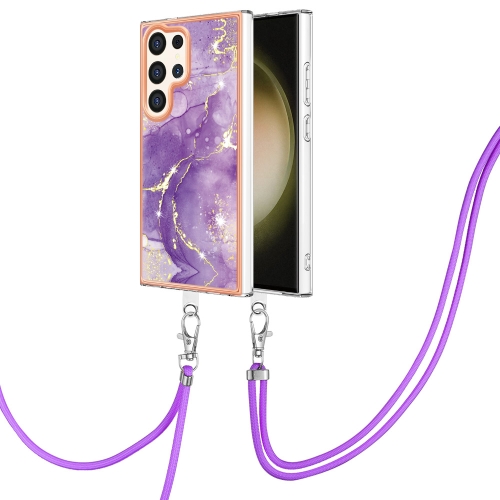 

For Samsung Galaxy S24 Ultra 5G Electroplating Marble Dual-side IMD Phone Case with Lanyard(Purple 002)