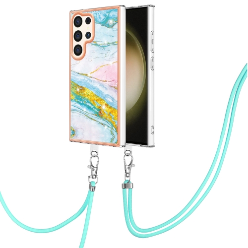 

For Samsung Galaxy S24 Ultra 5G Electroplating Marble Dual-side IMD Phone Case with Lanyard(Green 004)