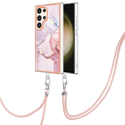 

For Samsung Galaxy S24 Ultra 5G Electroplating Marble Dual-side IMD Phone Case with Lanyard(Rose Gold 005)