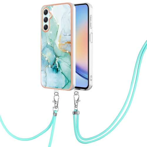 

For Samsung Galaxy A25 5G Electroplating Marble Dual-side IMD Phone Case with Lanyard(Green 003)