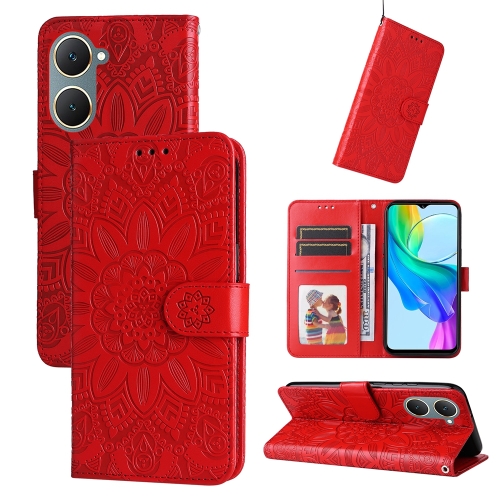 

For vivo Y03 4G Embossed Sunflower Leather Phone Case(Red)