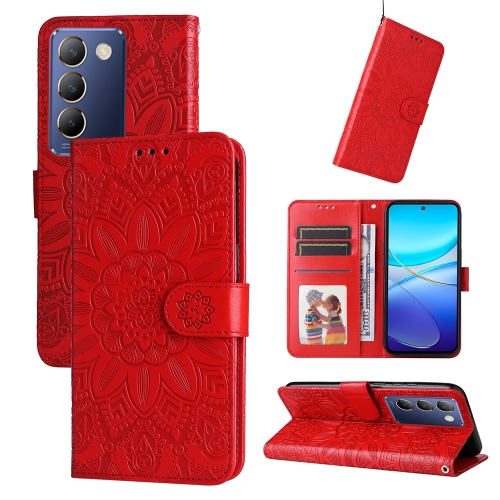 

For vivo Y100 IDN / Y200e 5G Global Embossed Sunflower Leather Phone Case(Red)