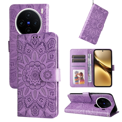 

For vivo X200 Embossed Sunflower Leather Phone Case(Purple)